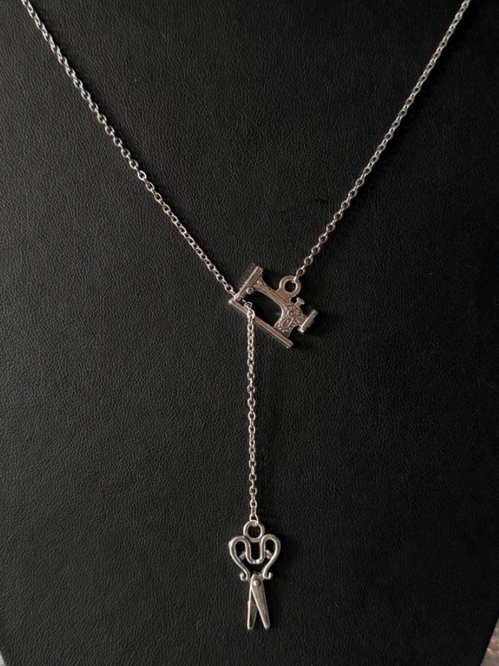 Silver Sewing Machine & Scissors Lariat Necklace - Seamstress Dress Maker Tailor
